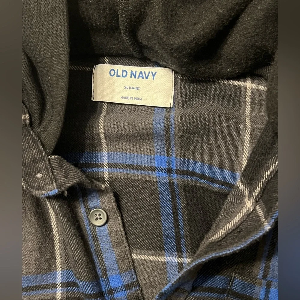 Boys Old Navy Plaid Hooded Flannel Shirt XL Black Blue